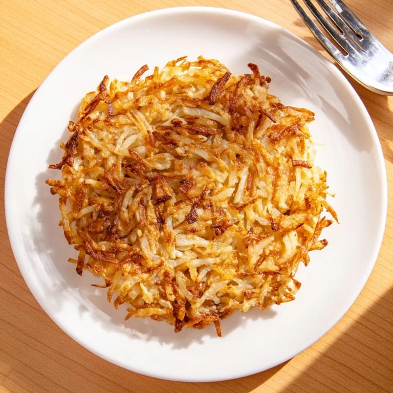 Homemade shredded Hash Browns garnished with fresh chives on a white breakfast plate.