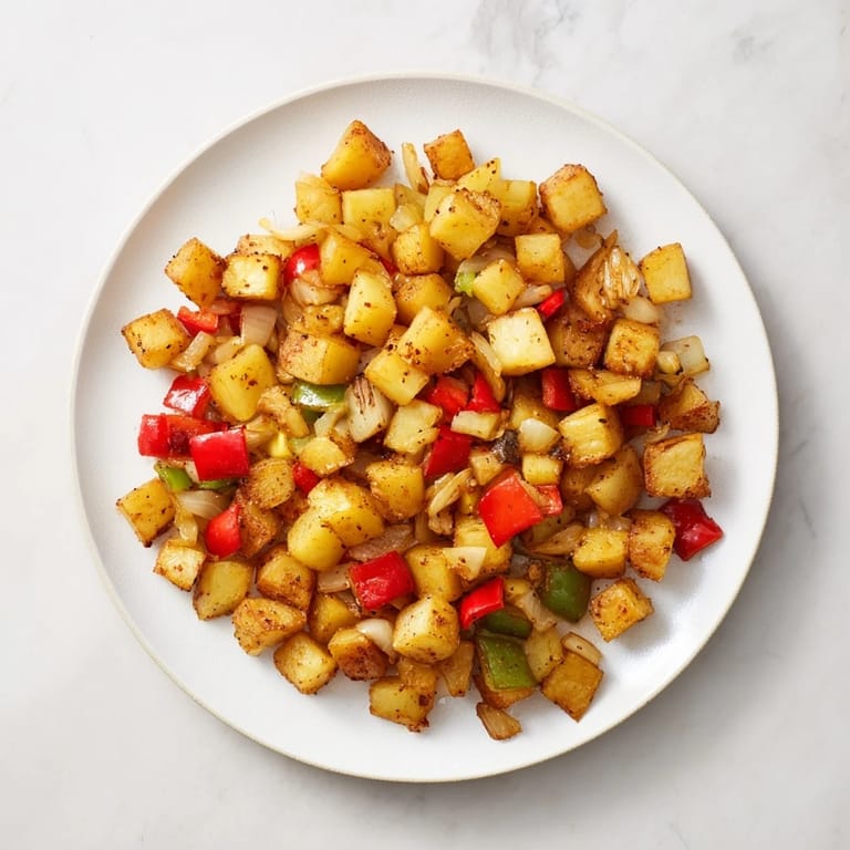 Crispy skillet Home Fries featuring diced russet potatoes, sautéed bell peppers, and onions for a classic hearty breakfast side.