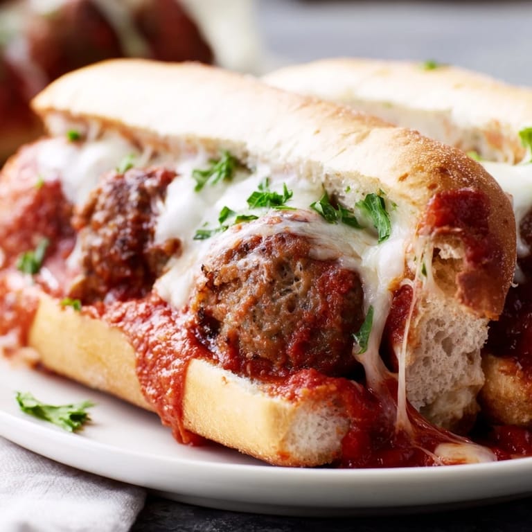 Hearty Meatball Sub sandwich on a toasted hoagie roll, ready to serve with fresh parsley garnish and extra marinara on the side.