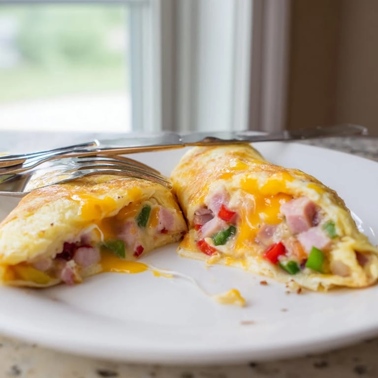 A hearty Denver Omelet with fluffy eggs, sautéed peppers, and onions served alongside crispy golden hash browns.