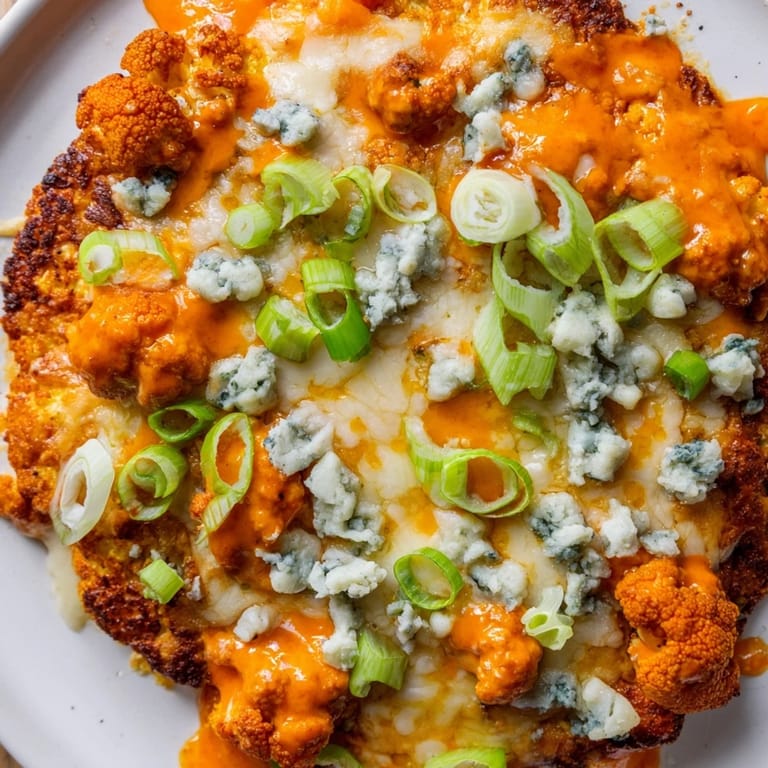Slices of Buffalo Cauliflower Pizza on a white plate, featuring a crispy cauliflower base, spicy sauce, and optional blue cheese crumbles, perfect for a vegetarian main dish.  