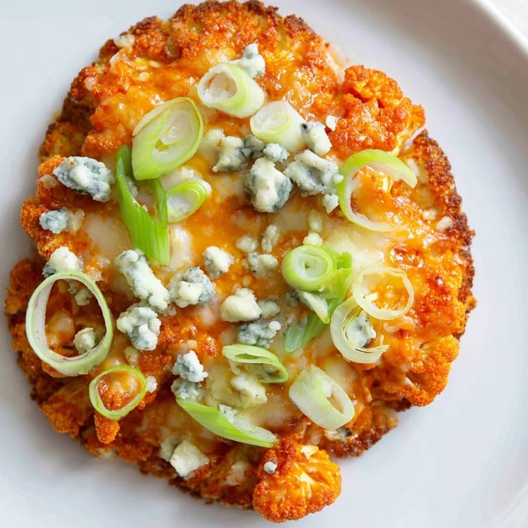 Buffalo Cauliflower Pizza fresh from the oven, showcasing a golden-brown crust topped with bubbly cheese, sliced green onions, and a drizzle of tangy buffalo sauce.