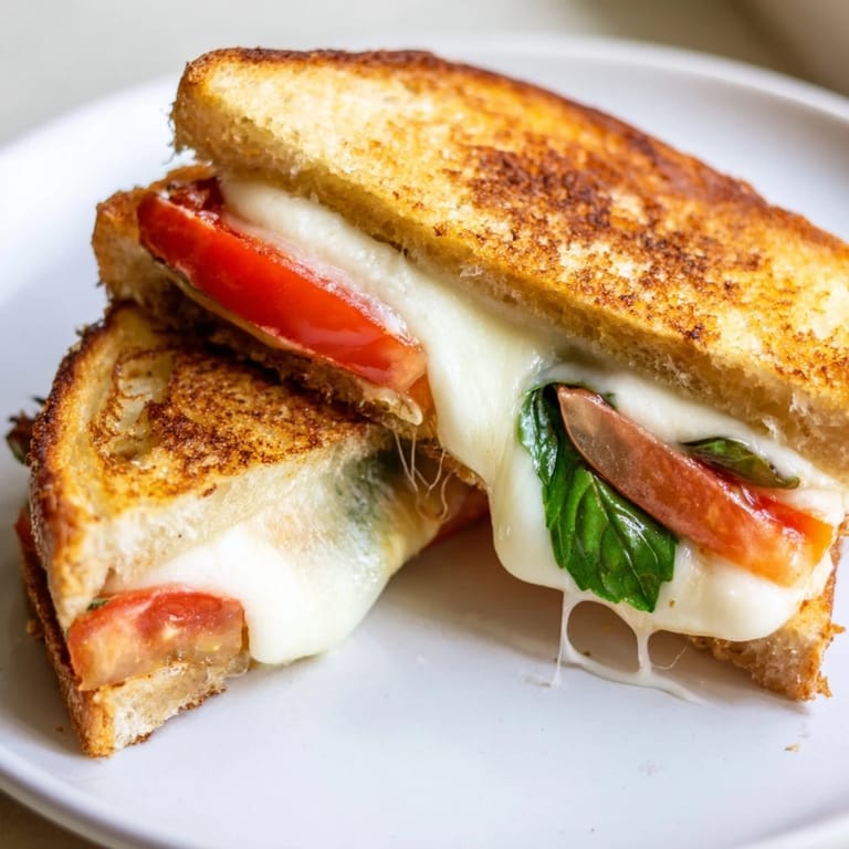 Homemade Tomato Basil Grilled Cheese featuring toasted sourdough, fresh basil leaves, and gooey cheese, cut diagonally to reveal vibrant layers.