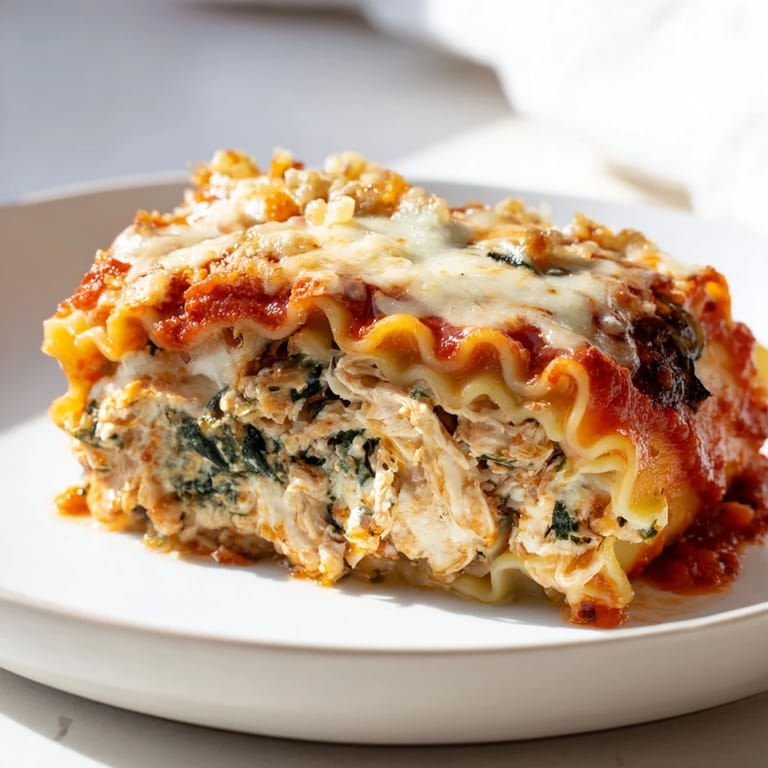Freshly baked Chicken and Spinach Lasagna Rolls garnished with parsley, melted cheese, and a golden top in a white dish.
