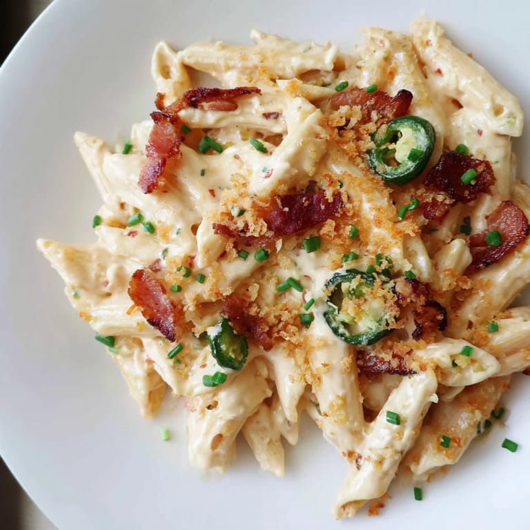 A close-up of cheesy Jalapeño Popper Pasta, topped with toasted panko and fresh chives.