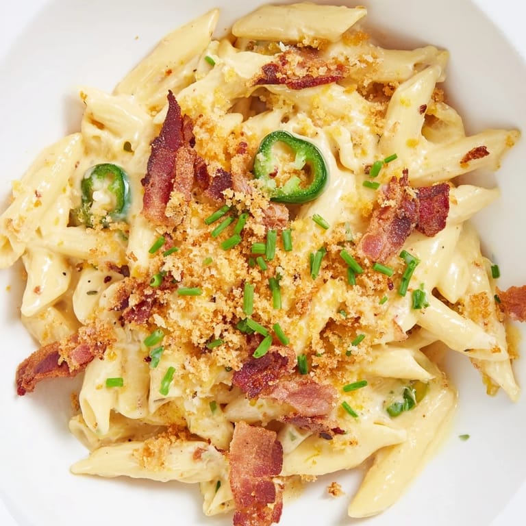 Steaming bowl of Jalapeño Popper Pasta, featuring penne coated in a rich, spicy cheese sauce.