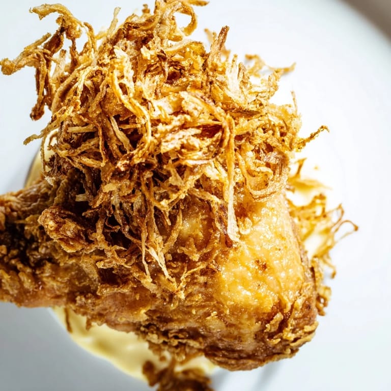 Close-up of a Crispy Onion Chicken Sandwich with golden fried chicken, crispy onions, and creamy aioli, ready to be served hot.