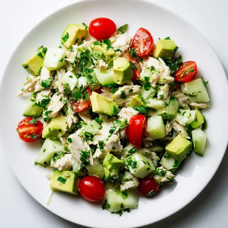 Serving suggestion for Avocado Chicken Salad in lettuce cups, garnished with bright cilantro and parsley for a healthy lunch.