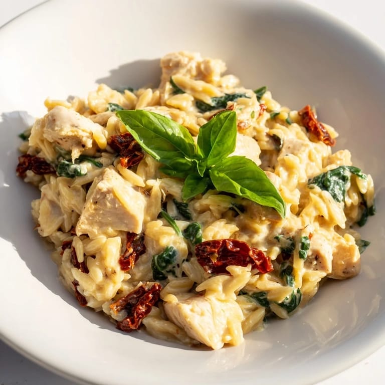 A skillet serving of Tuscan Chicken Orzo garnished with fresh basil, ready for a comforting Italian-inspired dinner.