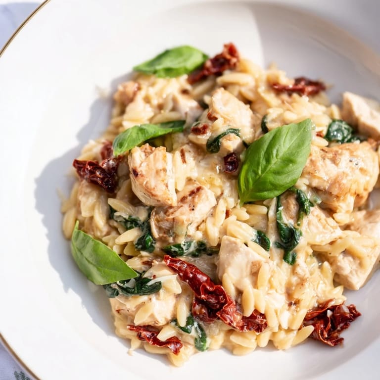 Steaming plate of Tuscan Chicken Orzo featuring wilted spinach, garlic-infused orzo, and a generous sprinkle of Parmesan.
