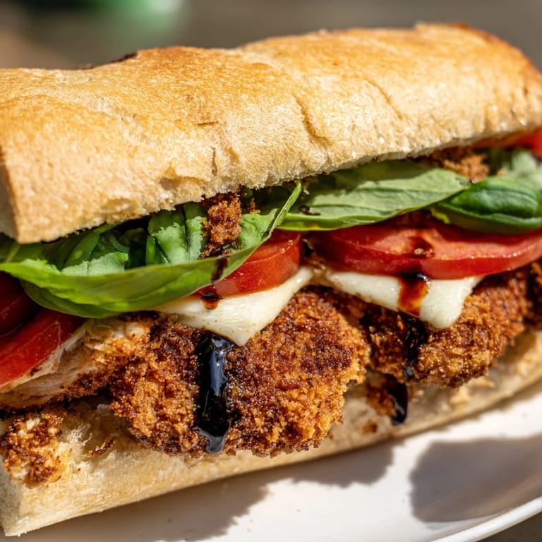 A close-up of a juicy, cheesy Italian-American chicken sandwich, with melted mozzarella and vibrant green basil on a toasted ciabatta roll.