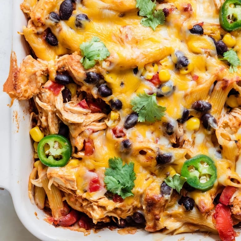 A close-up view shows this hearty Tex-Mex casserole packed with penne, black beans, corn, and tender chicken.