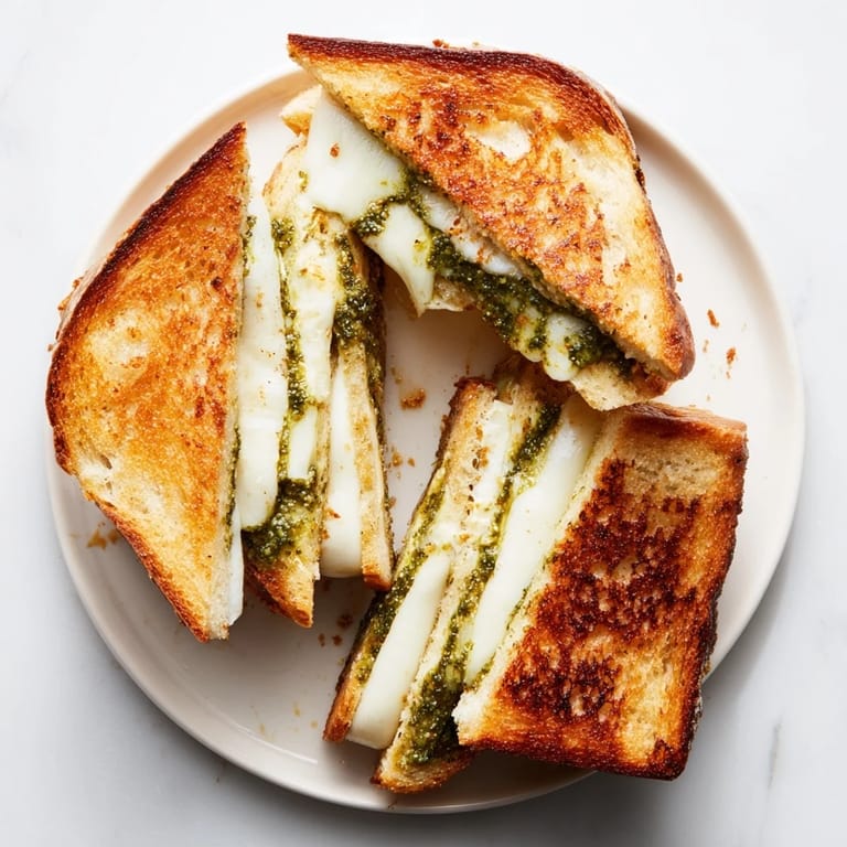 Freshly grated mozzarella, fontina, and cheddar blend inside this grilled sourdough pesto grilled cheese.