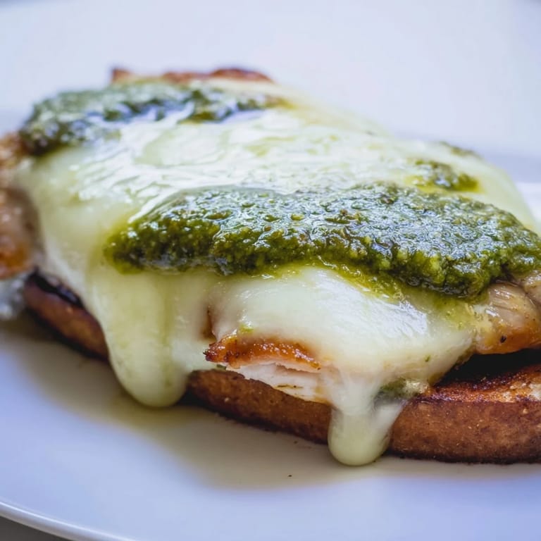 Warm Pesto Chicken Melt stacked with fresh basil and tomatoes, served on a rustic plate.
