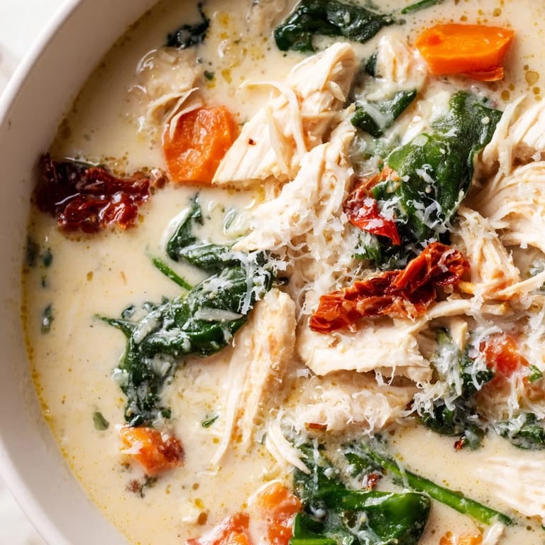 Overhead view of Creamy Tuscan Chicken Soup, featuring vibrant spinach and rich cream broth, ready to be served with crusty bread.