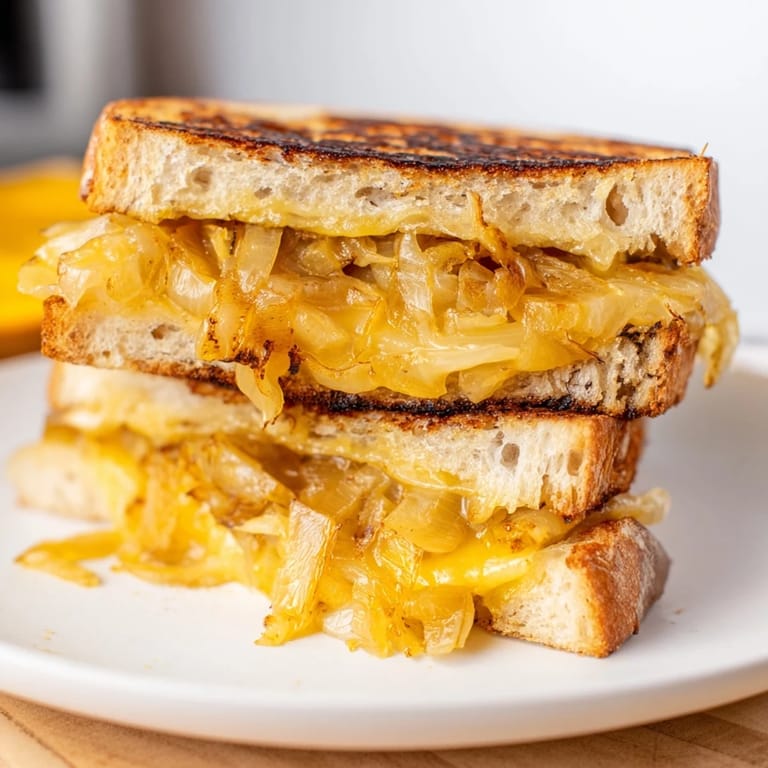 A close-up of a Caramelized Onion & Gruyère Grilled Cheese, with nutty cheese pulling apart and onions glistening.