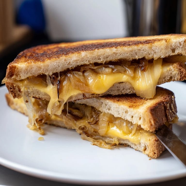 Freshly sliced Caramelized Onion & Gruyère Grilled Cheese served beside a bowl of creamy tomato soup for dipping.