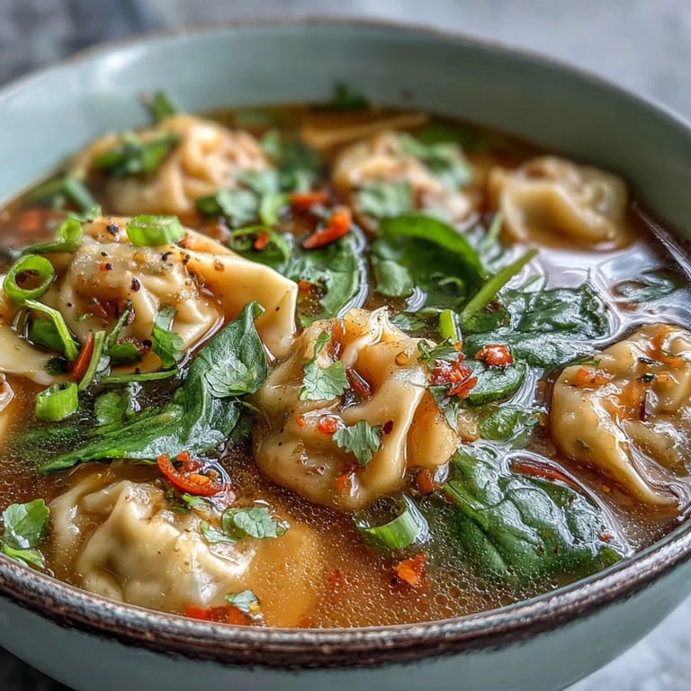 Comforting Red Curry Wonton Soup With Greens, hearty wontons swimming in creamy broth.