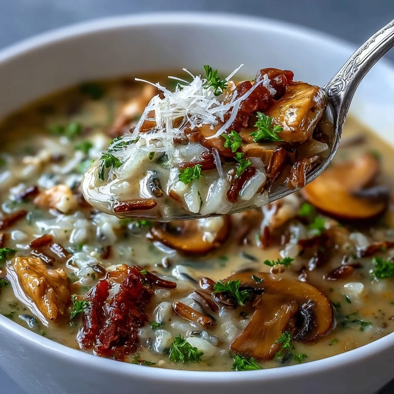 Spoonful of creamy Parmesan Mushroom Chicken and Wild Rice Soup with tender chicken and earthy mushrooms.