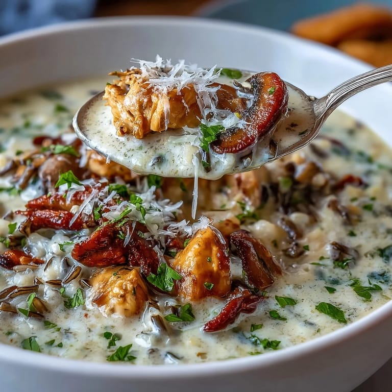 Hearty Parmesan Mushroom Chicken and Wild Rice Soup served in a rustic ceramic bowl, ready to enjoy.