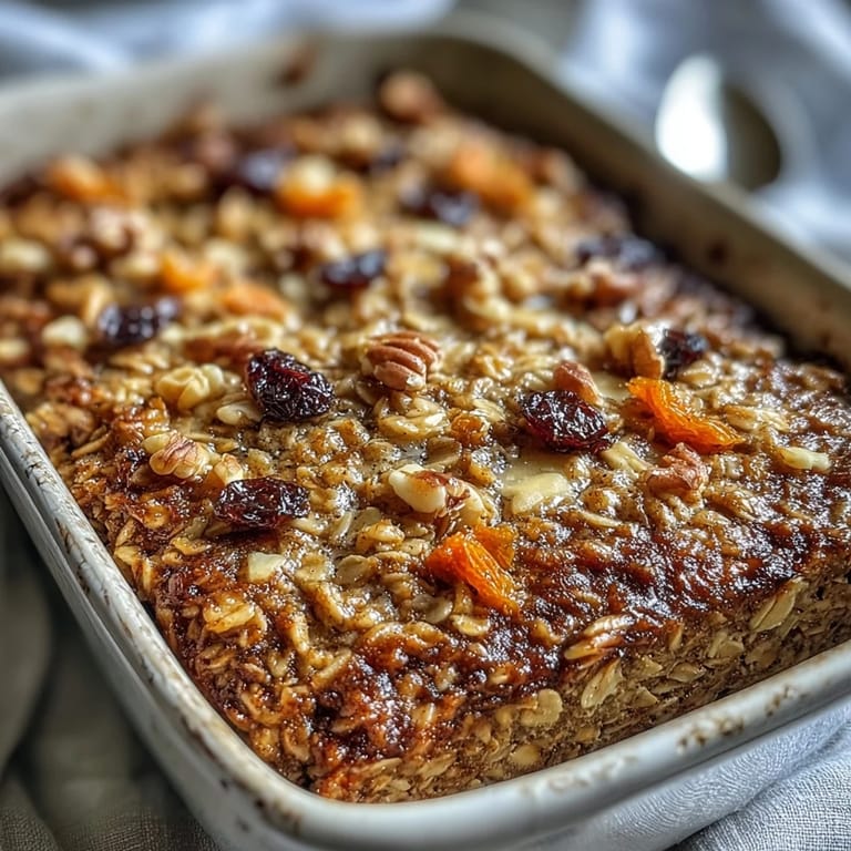 Fluffy Carrot Cake Baked Oatmeal casserole, hinting at cozy, cinnamon-spiced mornings.