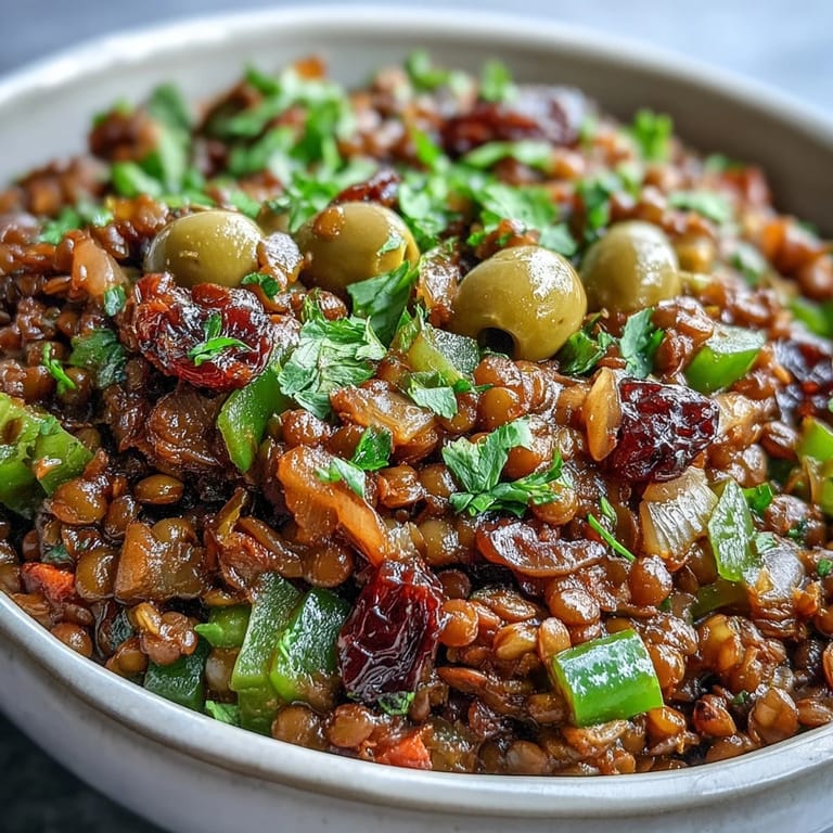 Flavorful Cuban-Inspired Lentil Picadillo, simmered with aromatic spices and vegetables.