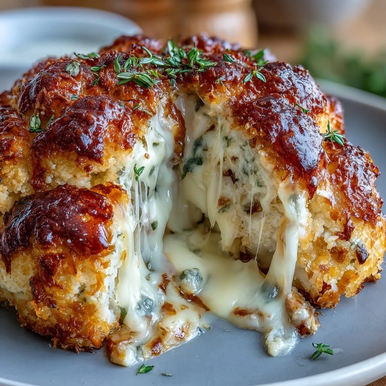 Delicious Cheesy Stuffed Cauliflower Head, baked until golden, served as a hearty side.