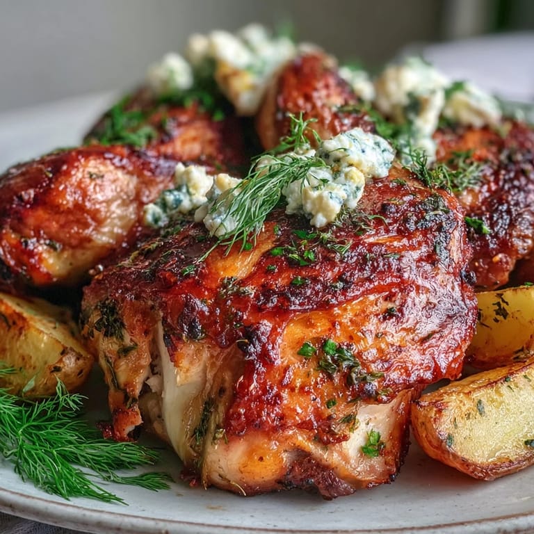 Crispy roasted chicken, bright citrus, and melted feta served alongside potatoes.