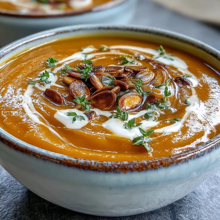 Caramelized butternut squash cubes in a large pot with broth and spices for a velvety soup.