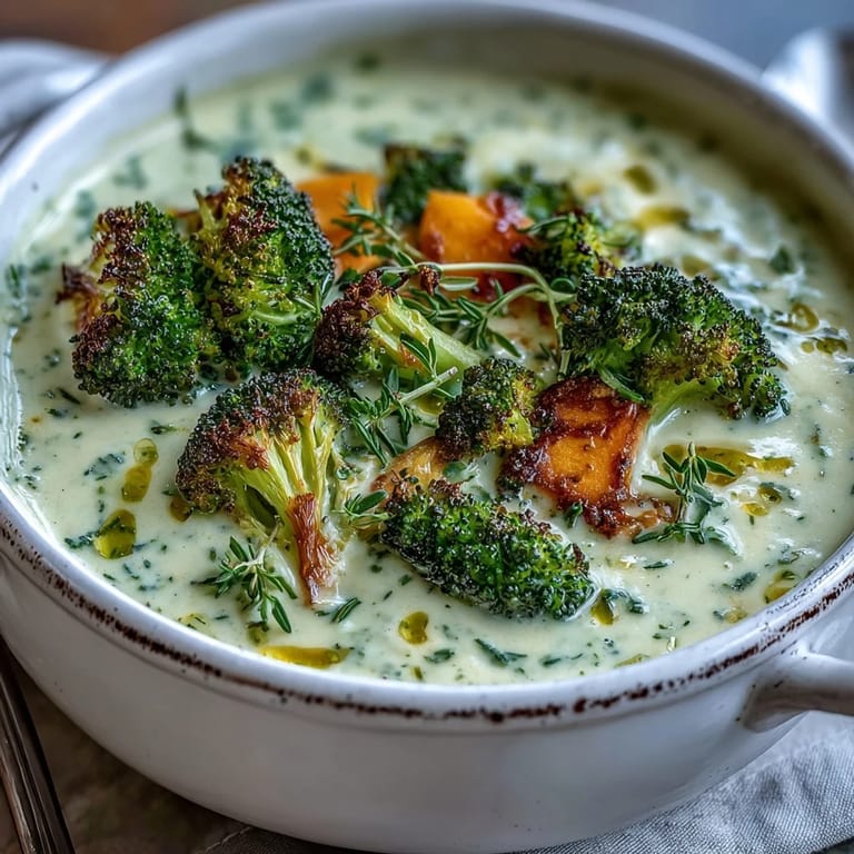 Savory Roasted Broccoli Cheddar Soup topped with crispy roasted broccoli florets served alongside crusty bread.