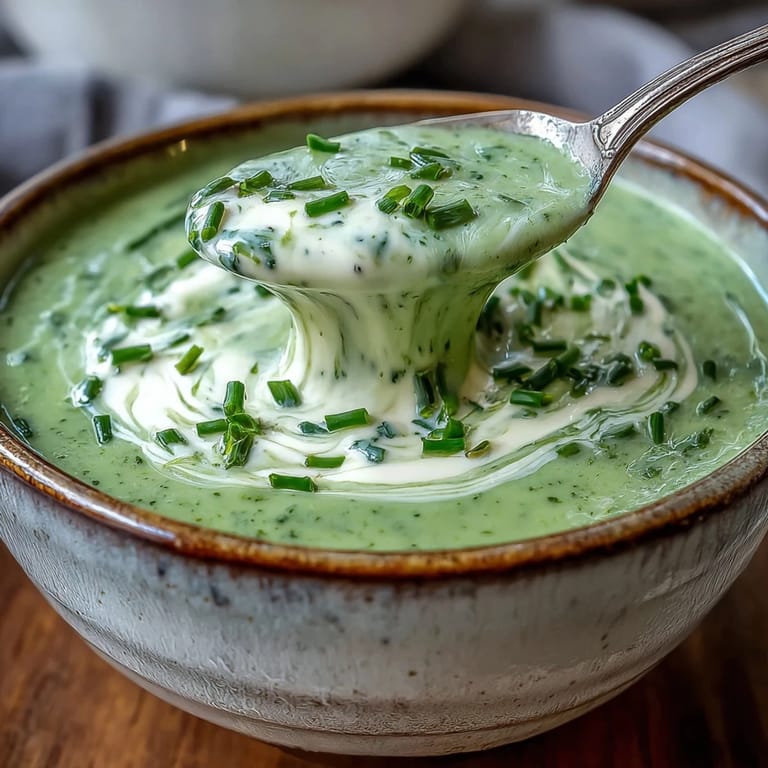 Freshly blended Cream of Broccoli Soup in a rustic mug, garnished with chives and black pepper.