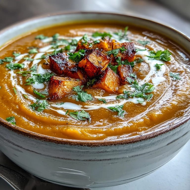 Roasted golden squash and red lentils blend into a velvety Butternut Squash and Lentil Soup, topped with plant-based yogurt.