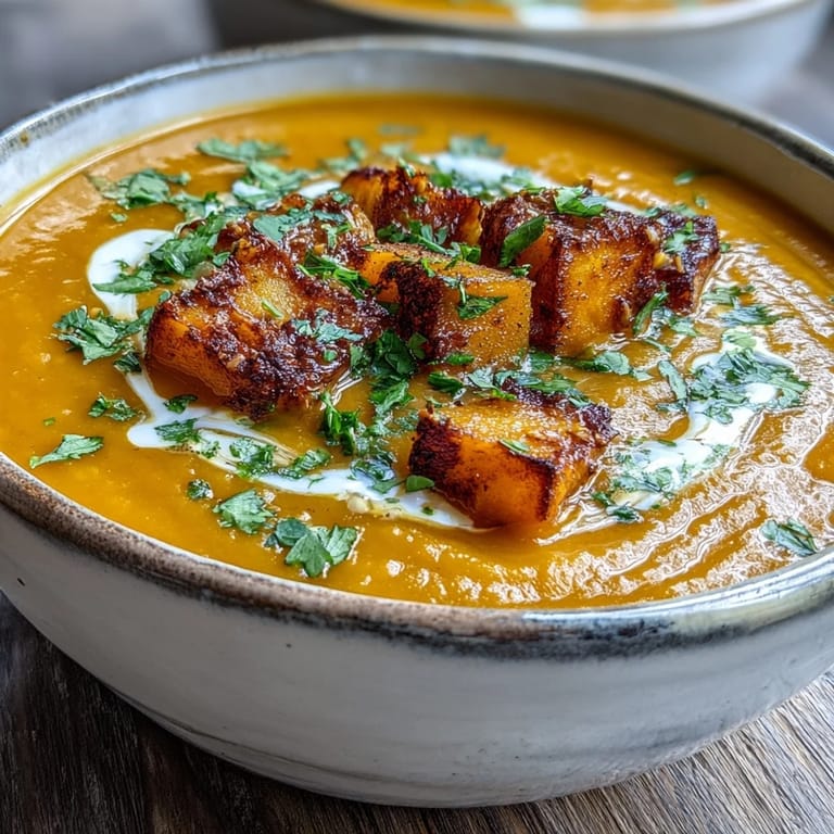 Butternut Squash and Lentil Soup served warm with crusty bread for dipping, perfect for a cozy chilly day meal.