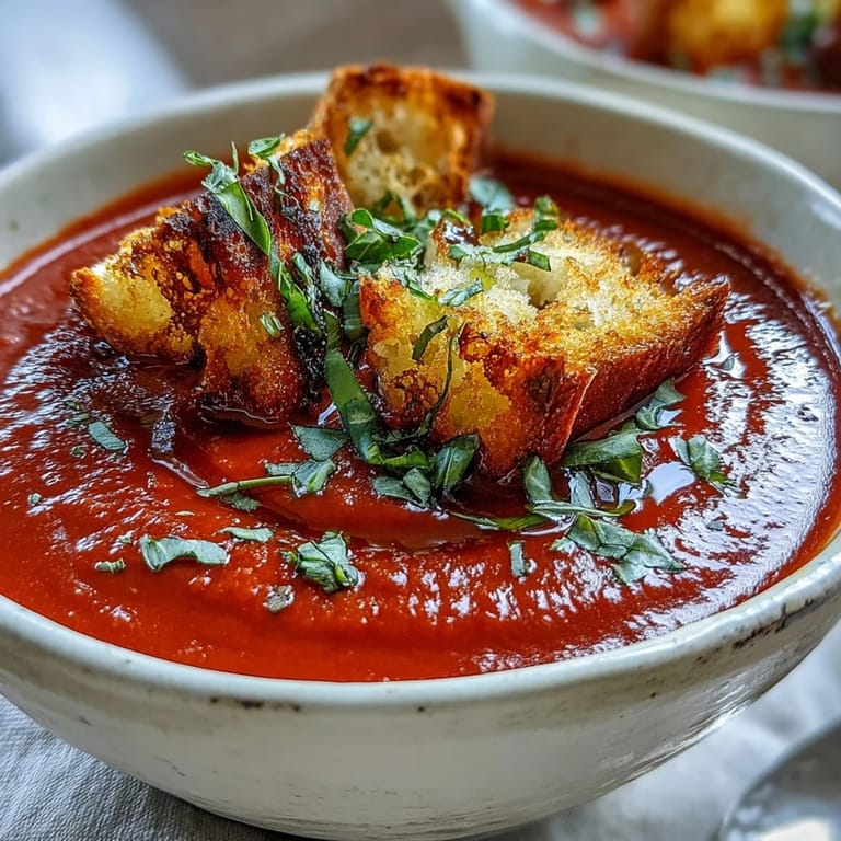 Golden oven-roasted tomatoes, onions, and garlic blended into vibrant Roasted Tomato Basil Soup in a white bowl.