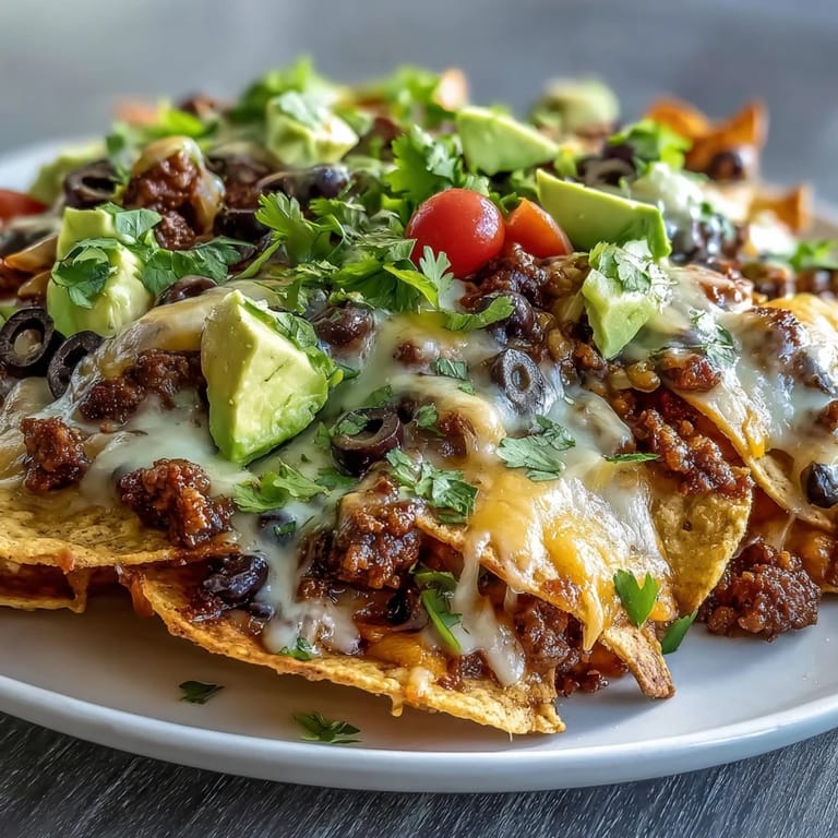 A close-up of delicious Baked Nachos with colorful toppings like cherry tomatoes, cilantro, and jalapeños, perfect for a game day appetizer spread.