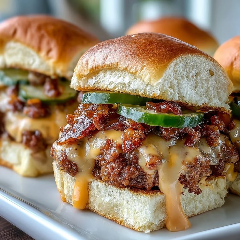 Twelve savory Touchdown Brat Sliders stacked on a platter, garnished with pickles and ready for a game day spread.