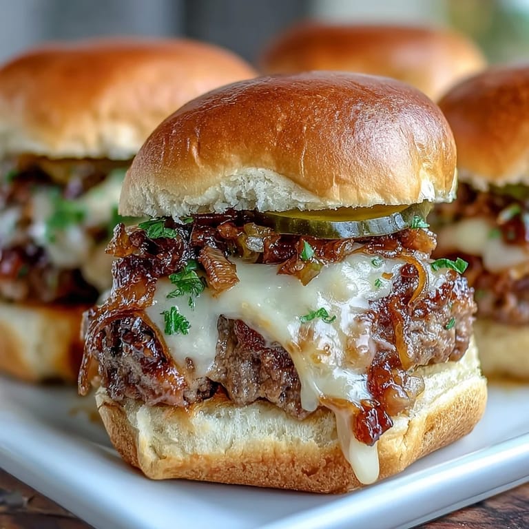 Buttery toasted Touchdown Brat Sliders with juicy brat patties, lager cheese sauce, and onions piled high on soft buns.