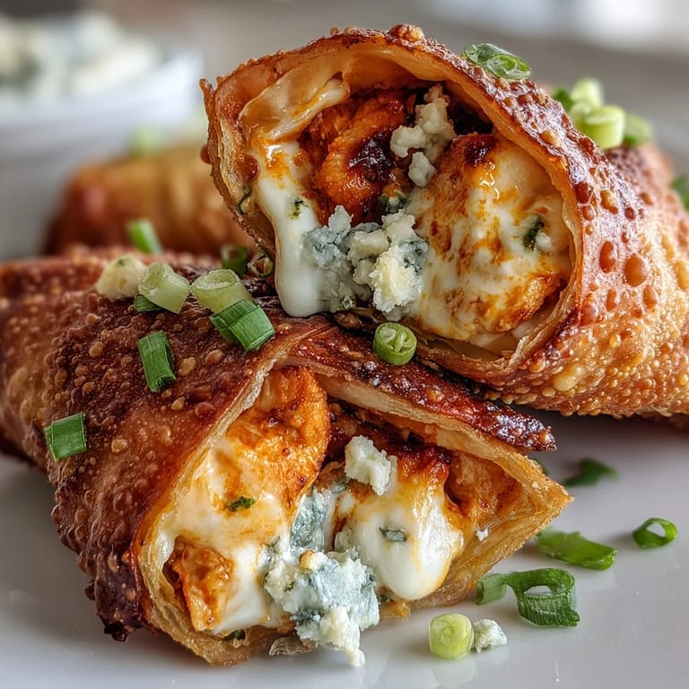A hand dips a hot Buffalo Chicken Egg Roll into creamy blue cheese dressing, steam rising from the filling.