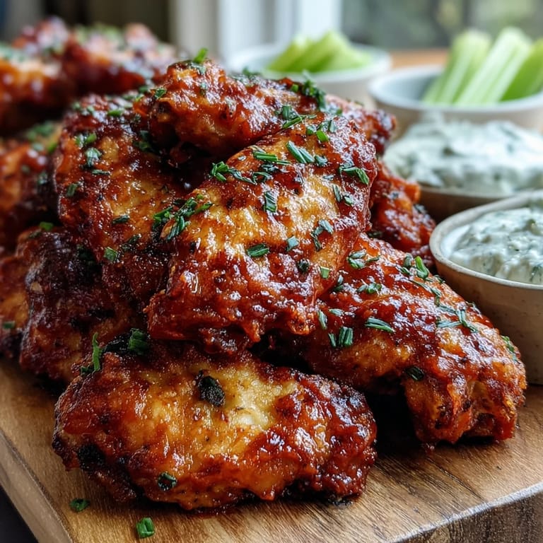 Freshly fried golden Fried Chicken Wings with smoky BBQ sauce, arranged on a tray with blue cheese dip and celery.