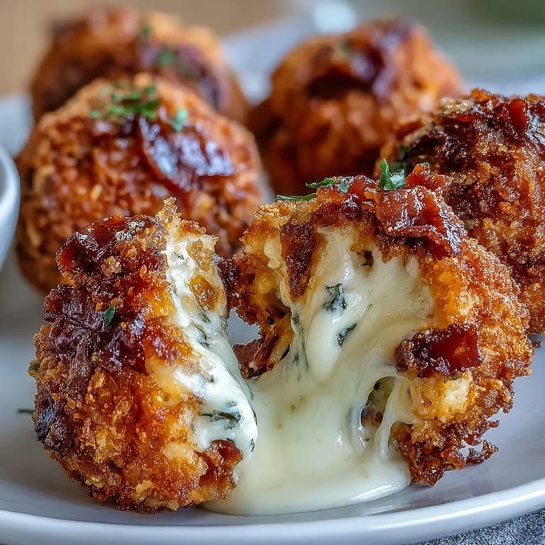 A cross-section view of a Buffalo Chicken Bacon Mozzarella Bomb reveals juicy chicken, smoky bacon crumbles, and a generous pull of melted mozzarella inside. 