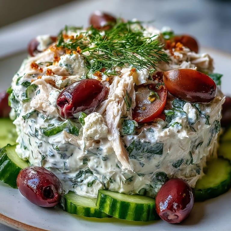 A bright serving of Tzatziki Chicken Salad on a bed of spinach, topped with halved cherry tomatoes, feta cheese, and Kalamata olives.
