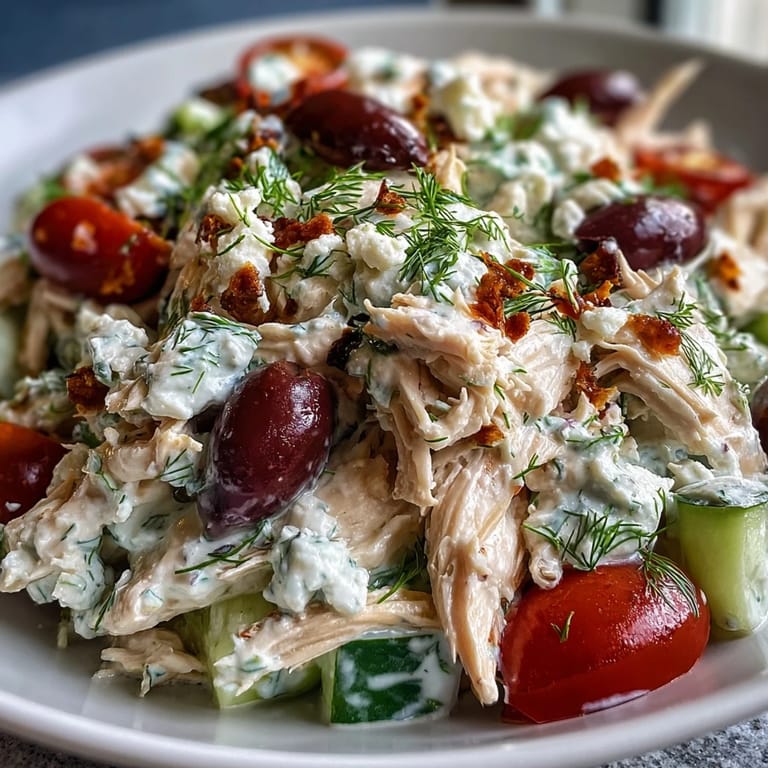 A fresh bowl of homemade Tzatziki Chicken Salad garnished with diced red onion, avocado, and a lemon wedge for squeezing.