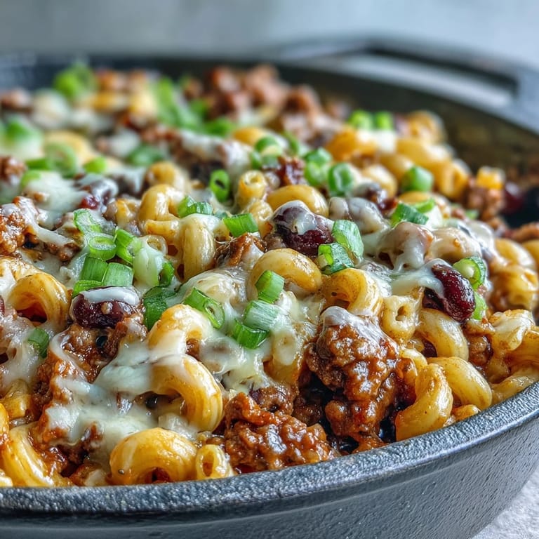 Close-up of One-Pan High Protein Chili Mac showing saucy pasta, beef, and melted cheese with steam rising.
