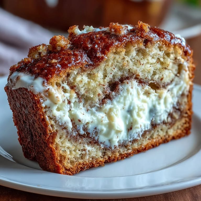 Homemade Cream Cheese Cinnamon Swirl Banana Bread cooling on a wire rack, showcasing a beautiful cinnamon sugar topping and soft, tender texture.