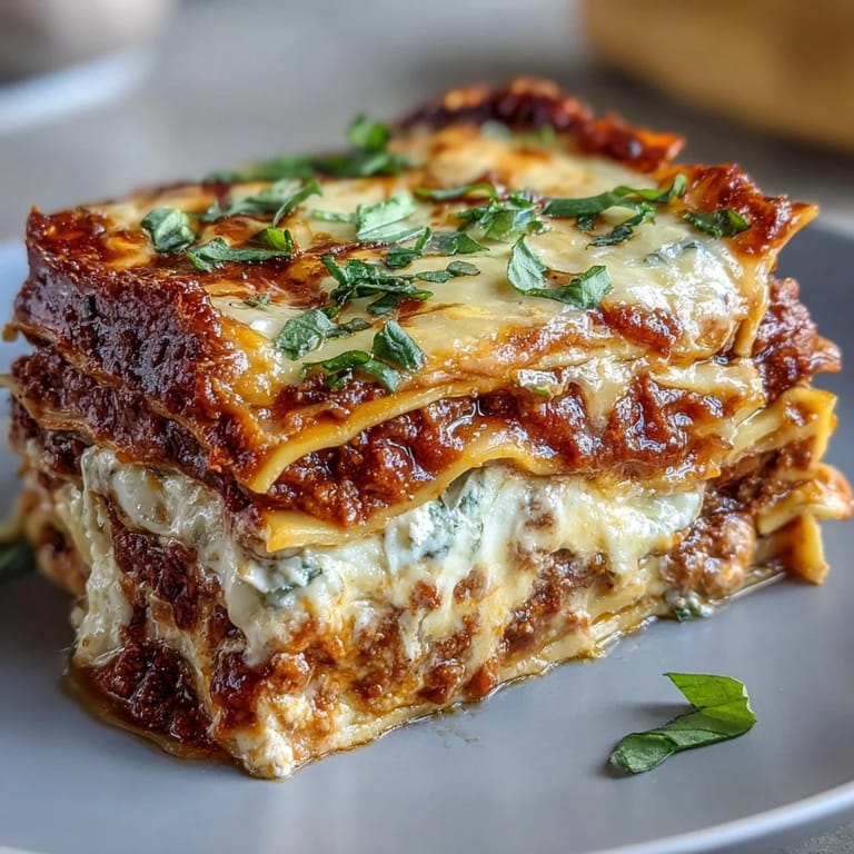 Close-up view of Worlds Best Lasagna, showcasing the detailed layers of pasta, meaty marinara, and golden baked cheese topping.