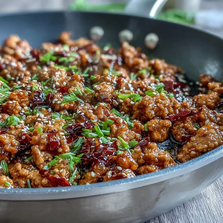 A plated serving of Korean-Style Ground Turkey, garnished with toasted sesame seeds and chives over fluffy white rice.