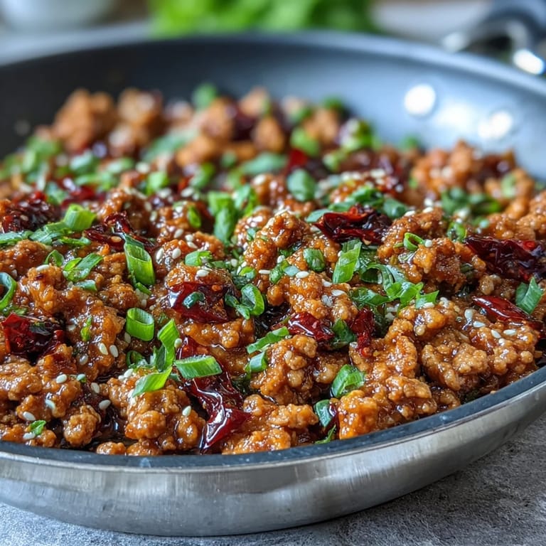 Freshly cooked Korean-Style Ground Turkey mixed with chopped chives, showcasing juicy, tender meat in a rich, aromatic glaze.