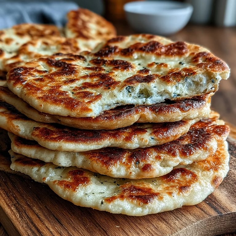Freshly baked The Best Easy Garlic Naan Bread with bubbling charred spots, served alongside a vibrant chicken tikka masala dinner.