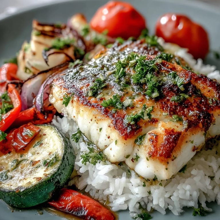 Zesty pan-seared fish bowl featuring golden fish, roasted veggies, and fresh parsley garnish, ready to serve for dinner.