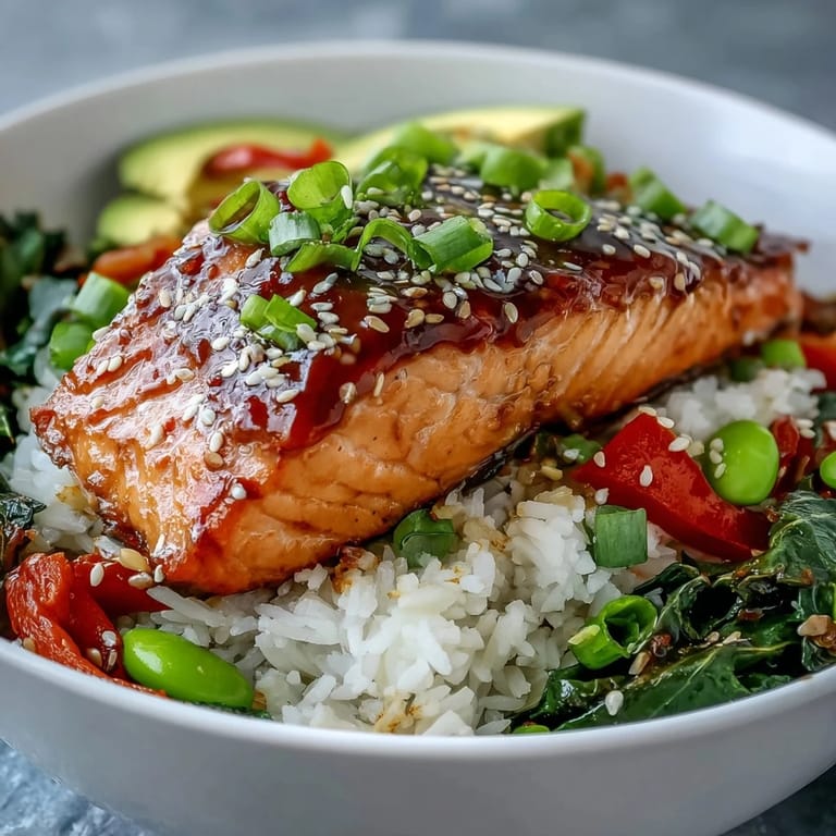 A vibrant Soy Ginger Salmon Bowl topped with creamy avocado slices and fresh cilantro, ready to be enjoyed.